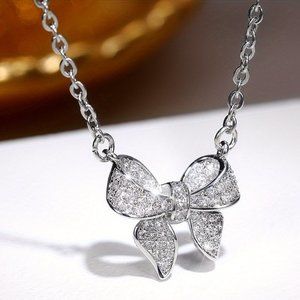 Elegant 925 Silver Plated Bowknot Zircon Pendant Necklace